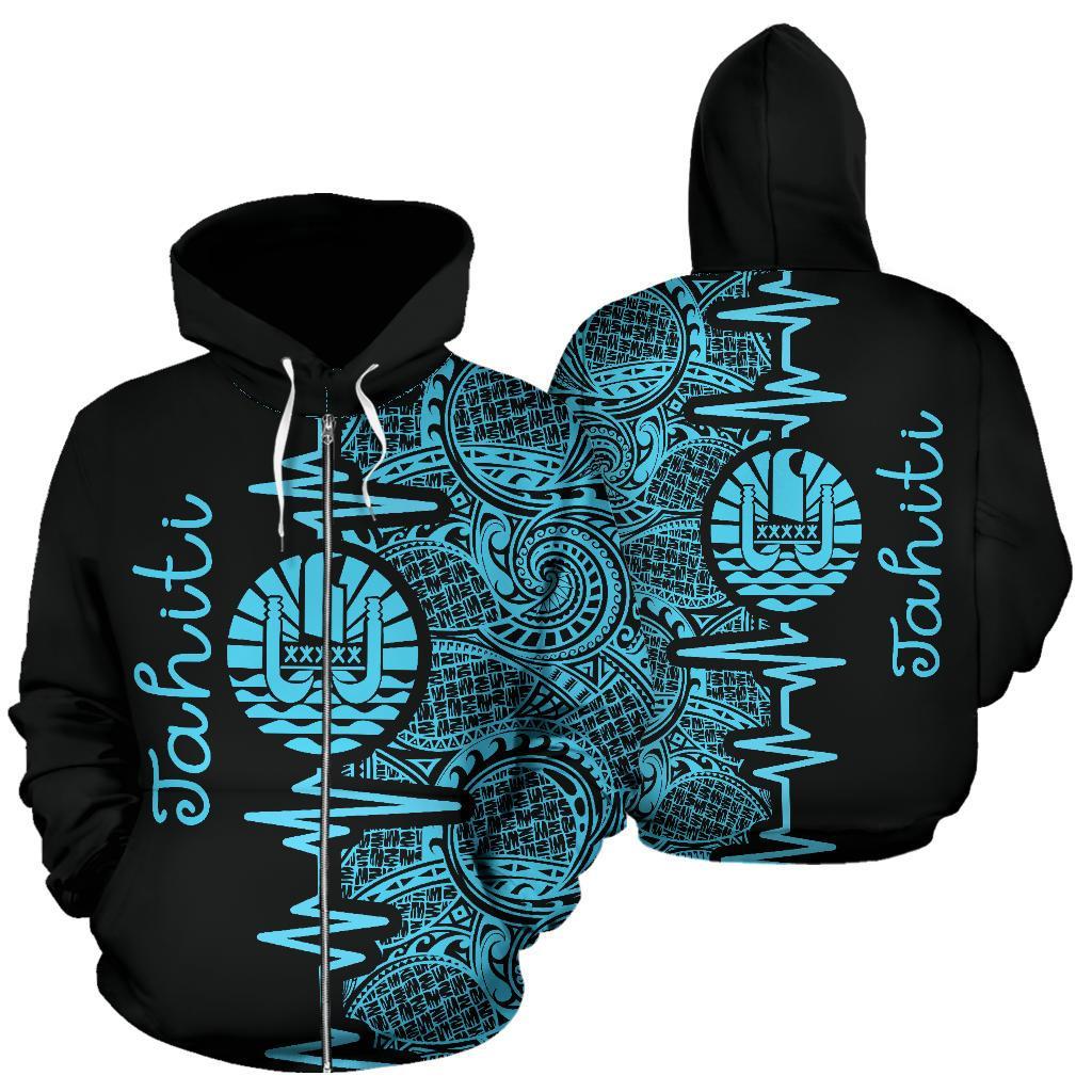 Tahiti Polynesian Zip up Hoodie Tahiti Flag Heartbeat Pattern Blue Version TH0 Unisex Blue - Polynesian Pride
