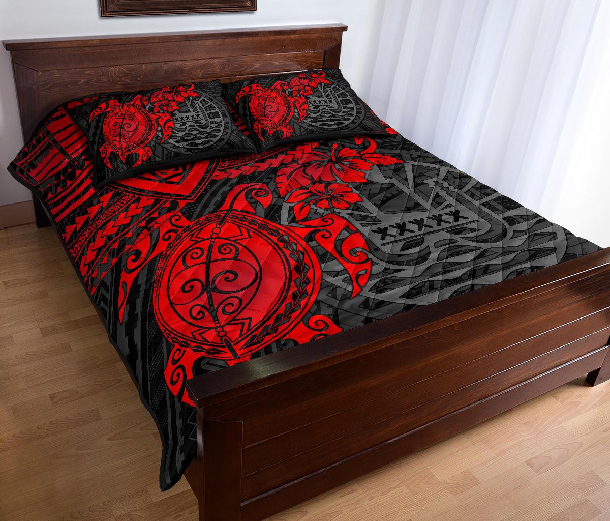 Tahiti Polynesian Quilt Bed Set - Tahiti Flag & Red Turtle Hibiscus Premium - Polynesian Pride