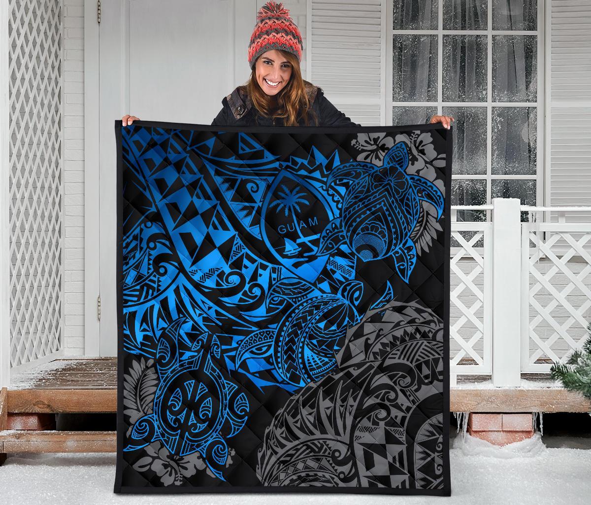 Guam Polynesian Premium Quilt - Blue Turtle Flowing - Polynesian Pride