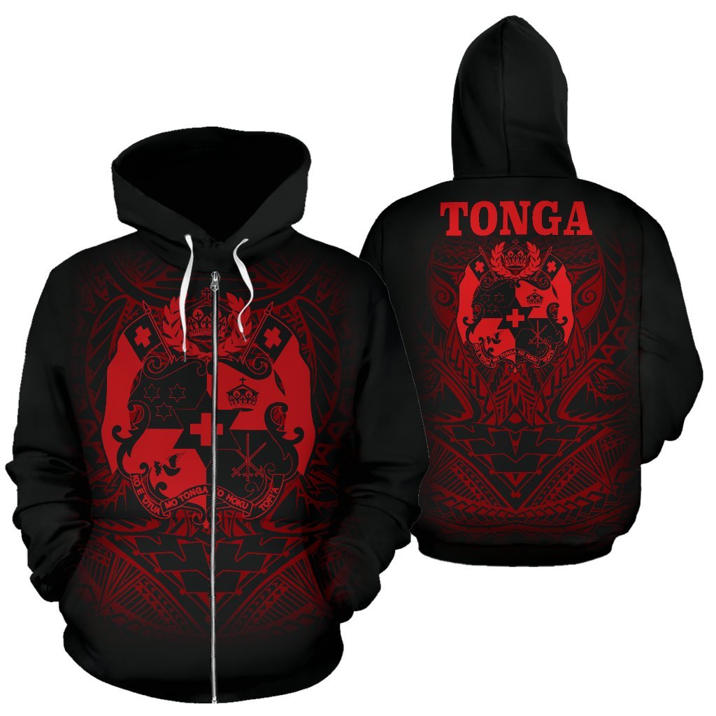 Tonga Polynesian All Over Zip up Hoodie Red Tribal Pattern Unisex Black - Red - Polynesian Pride