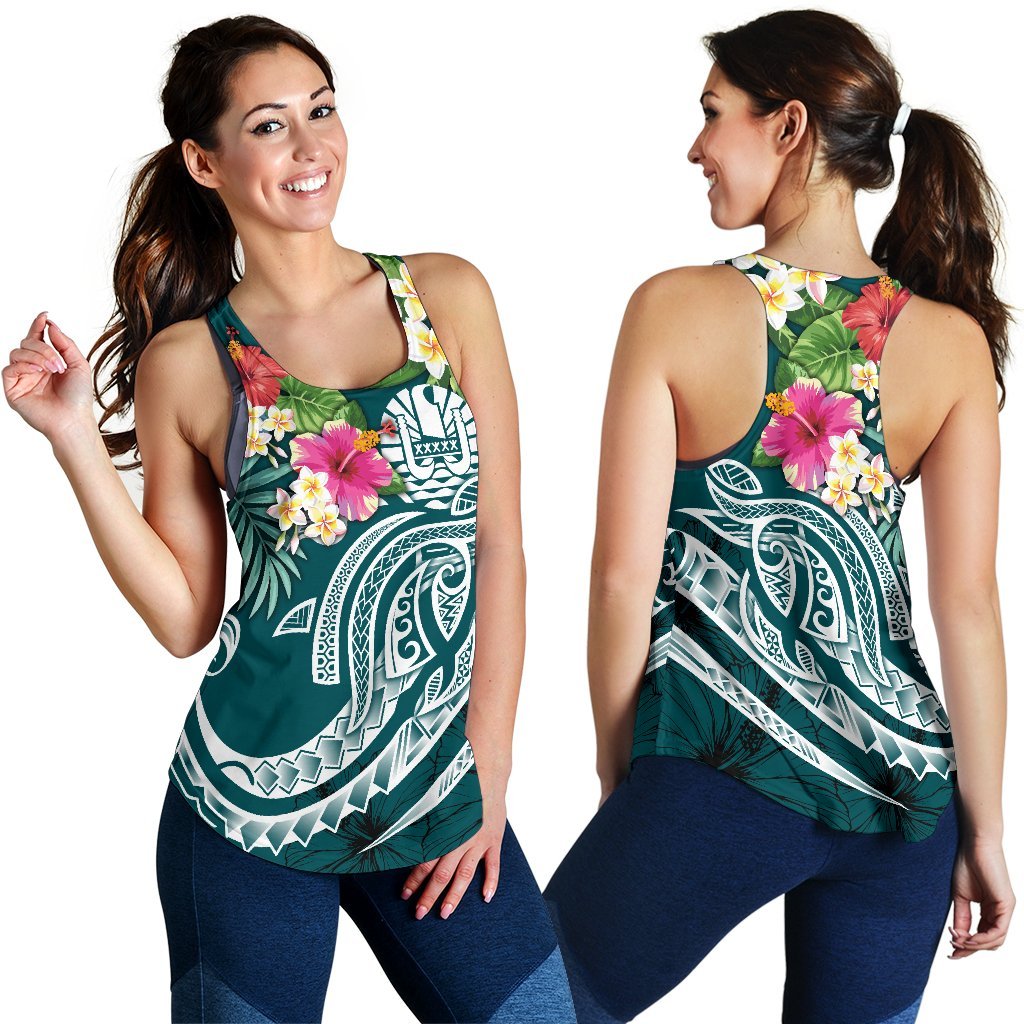 Tahiti Polynesian Women's Racerback Tank - Summer Plumeria (Turquoise) - Polynesian Pride