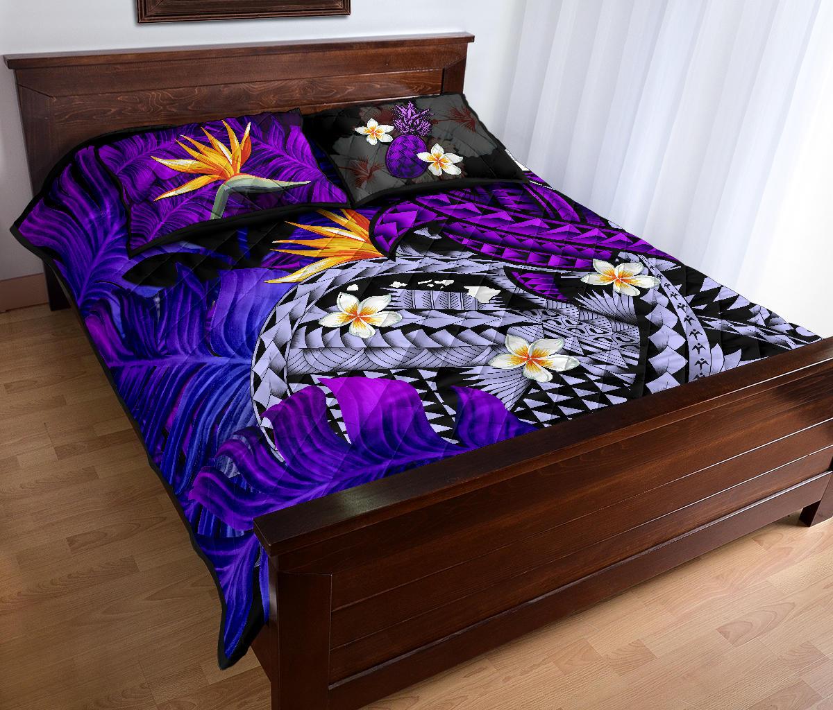 Kanaka Maoli (Hawaiian) Quilt Bed Set, Polynesian Pineapple Banana Leaves Turtle Tattoo Purple - Polynesian Pride