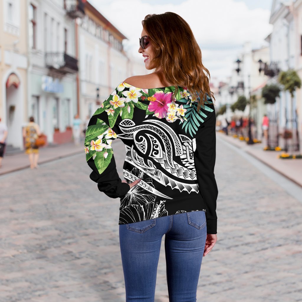 Tahiti Polynesian Women's Off Shoulder Sweater - Summer Plumeria (Black) - Polynesian Pride