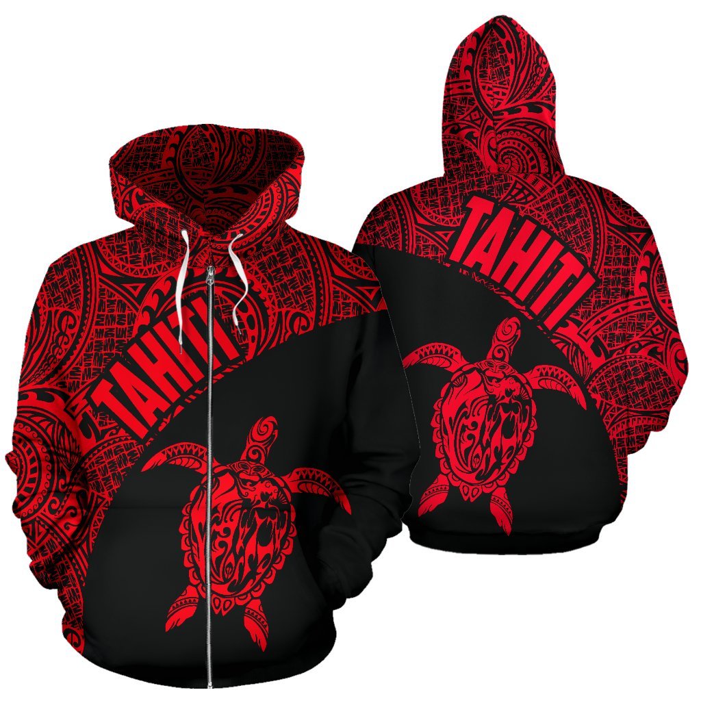 Tahiti Zip up Hoodie Tahiti Turtle Mermaid Polynesian Tattoo Red Black Version Unisex Black - Polynesian Pride