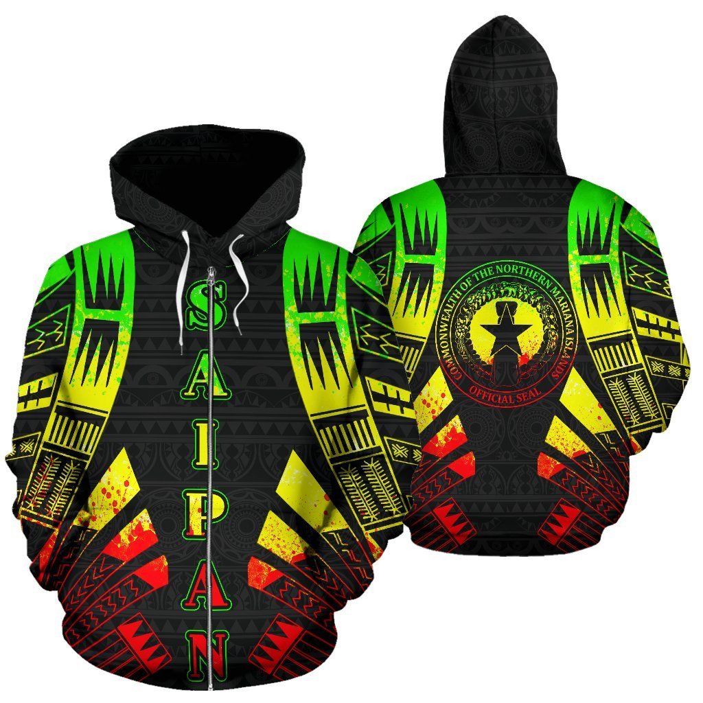 Saipan Island CNMI All Over Zip up Hoodie Reggae Color Tattoo Style Unisex Black - Polynesian Pride