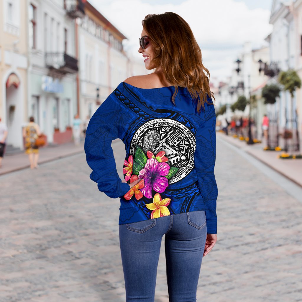 American Samoa Polynesian Women's Off Shoulder Sweater - Floral With Seal Blue - Polynesian Pride