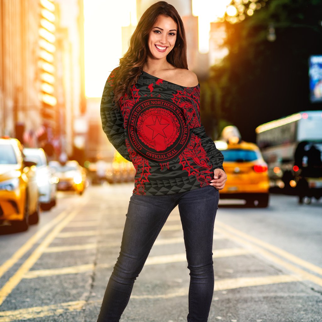Northern Mariana Islands Polynesian Shoulder Sweater Map Red - Polynesian Pride