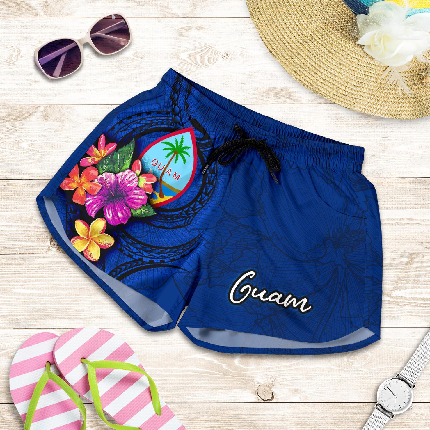 Guam Polynesian Women's Shorts - Floral With Seal Blue Women Blue - Polynesian Pride