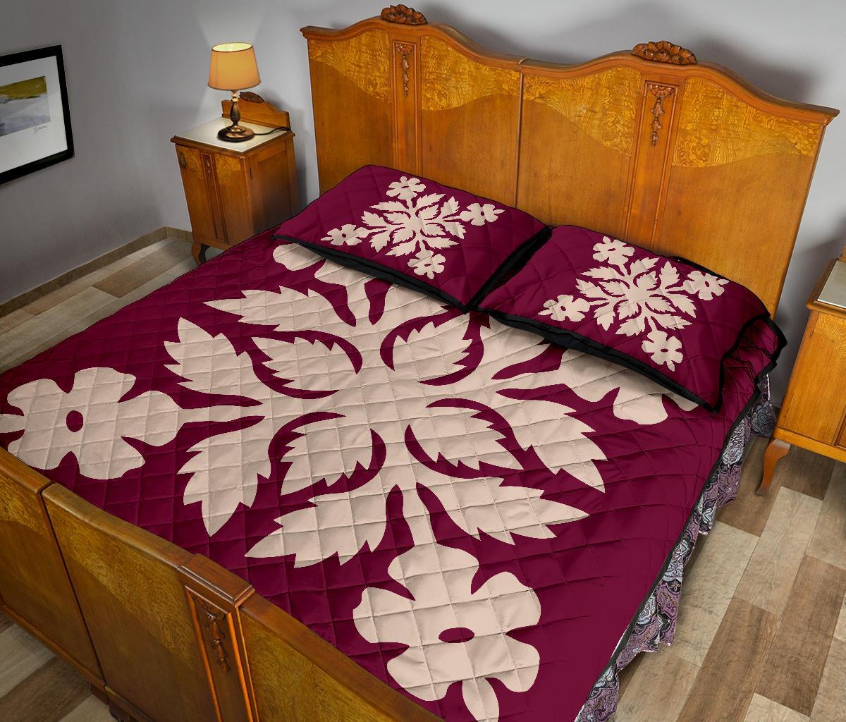 Hawaiian Quilt Bed Set Royal Pattern - Pink - B2 Style - Polynesian Pride