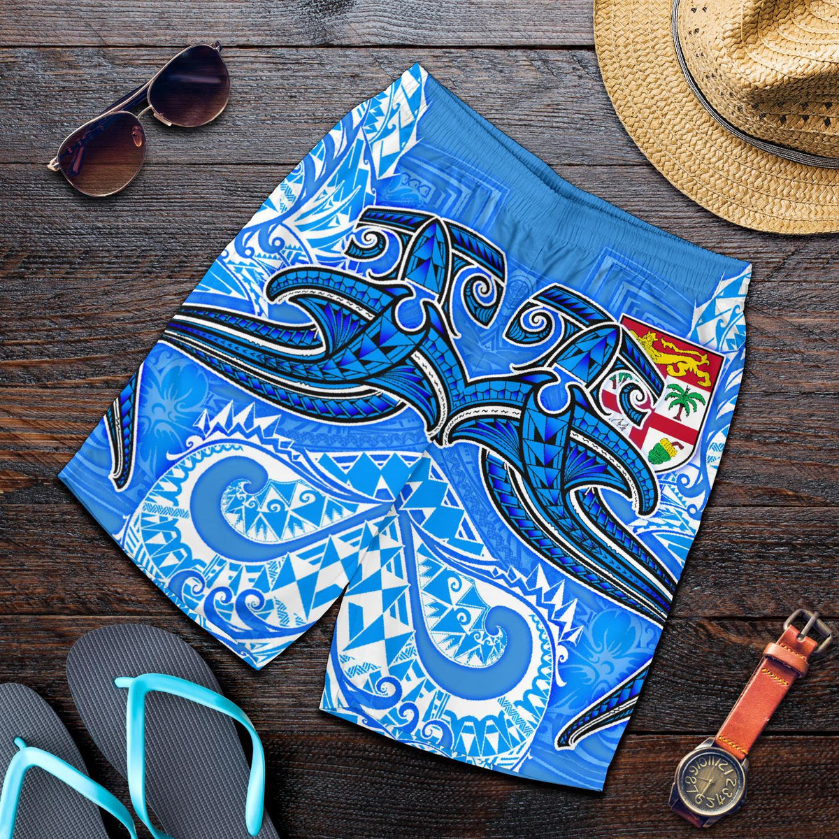 Fiji Men's Shorts - Blue Shark Polynesian Tattoo Blue - Polynesian Pride