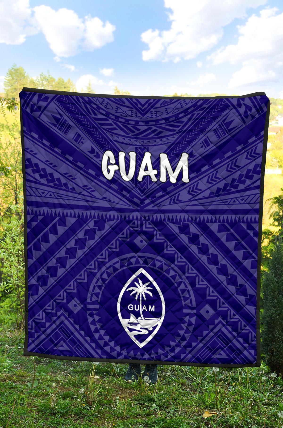 Guam Premium Quilt - Guam Seal With Polynesian Tattoo Style (Blue) - Polynesian Pride