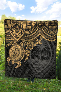 Guam Polynesian Premium Quilt - Guam Coat Of Arms & Golden Turtle Hibiscus - Polynesian Pride