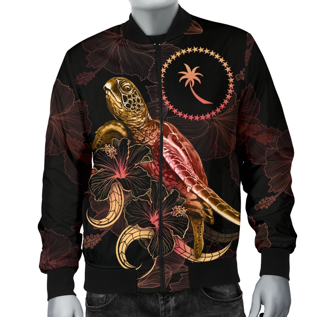 Chuuk Polynesian Men's Bomber Jacket - Turtle With Blooming Hibiscus Gold - Polynesian Pride