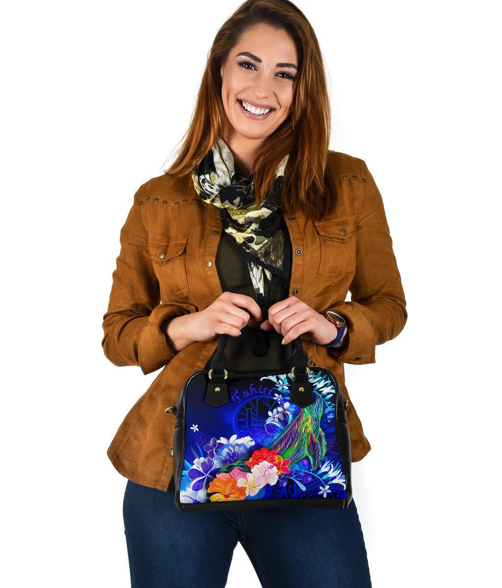 Tahiti Shoulder Handbag - Humpback Whale with Tropical Flowers (Blue) - Polynesian Pride