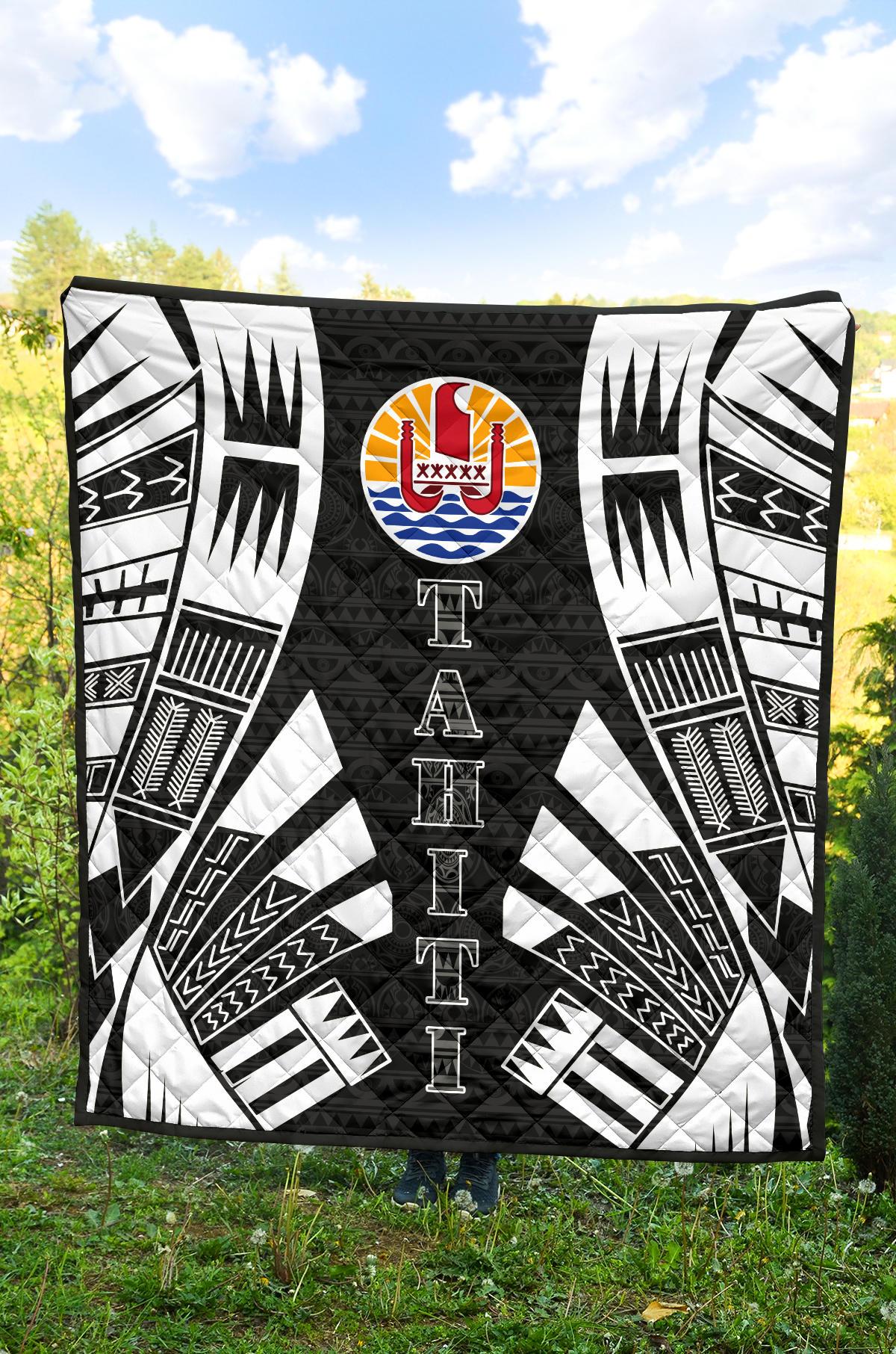 Tahiti Premium Quilt - Tahiti Flag Polynesian White Tattoo (Black) - Polynesian Pride