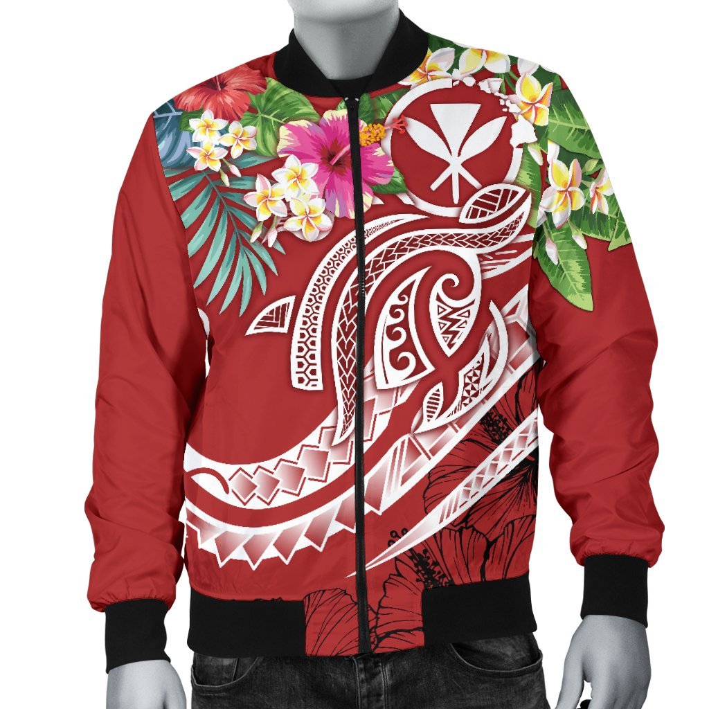 Polynesian Hawaii Kanaka Maoli Men's Bomber Jacket - Summer Plumeria (Red) - Polynesian Pride