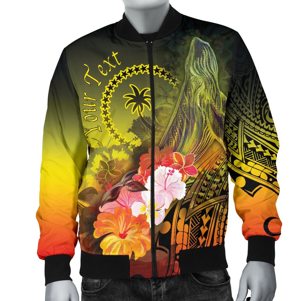 Custom Personalised Chuuk Men's Bomber Jacket - Humpback Whale with Tropical Flowers (Yellow) - Polynesian Pride