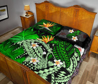 Kanaka Maoli (Hawaiian) Quilt Bed Set, Polynesian Pineapple Banana Leaves Turtle Tattoo Green - Polynesian Pride