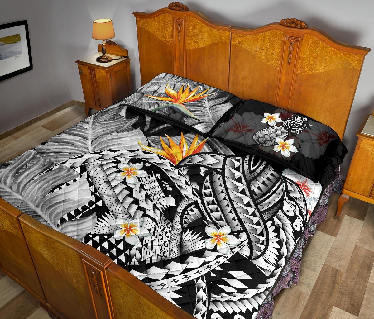 Kanaka Maoli (Hawaiian) Quilt Bed Set, Polynesian Pineapple Banana Leaves Turtle Tattoo Gray - Polynesian Pride