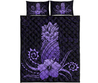 Hawaii Polynesian Pineapple Hibiscus Quilt Bed Set - Zela Style Purple Art - Polynesian Pride