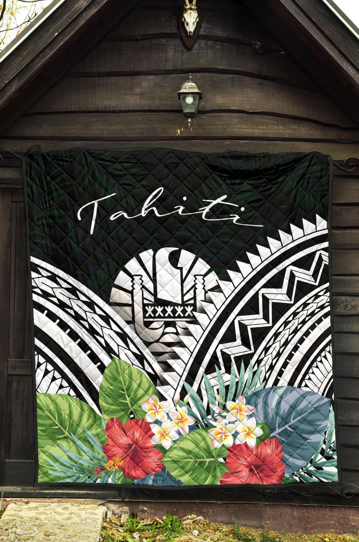 Tahiti Premium Quilt - Tahiti Coat of Arms & Polynesian Tropical Flowers White - Polynesian Pride