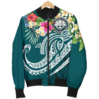 FSM Polynesian Men's Bomber Jacket - Summer Plumeria (Turquoise) - Polynesian Pride