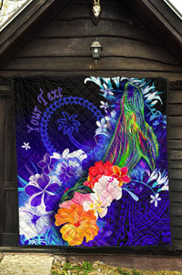 Custom Personalised Chuuk Premium Quilt - Humpback Whale with Tropical Flowers (Blue) - Polynesian Pride