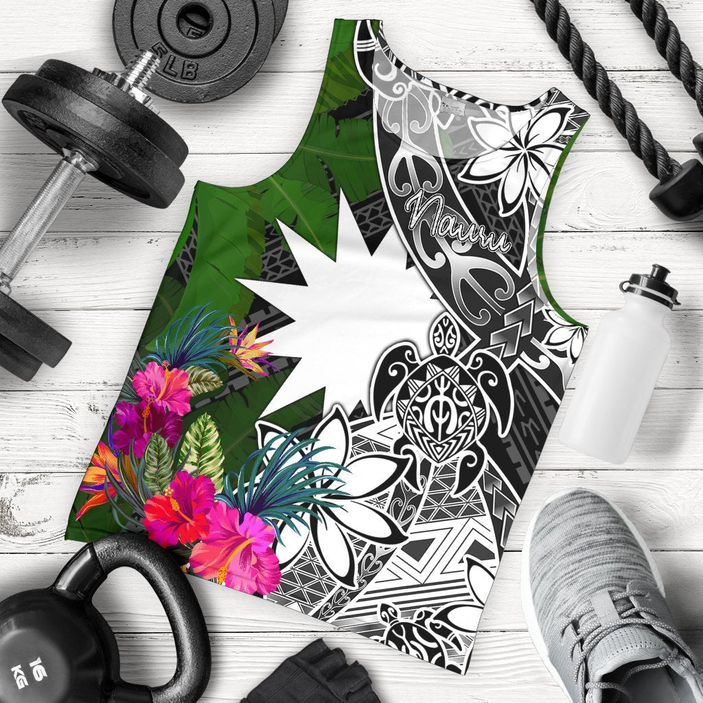 Nauru Men Tank Top - Turtle Plumeria Banana Leaf Black - Polynesian Pride