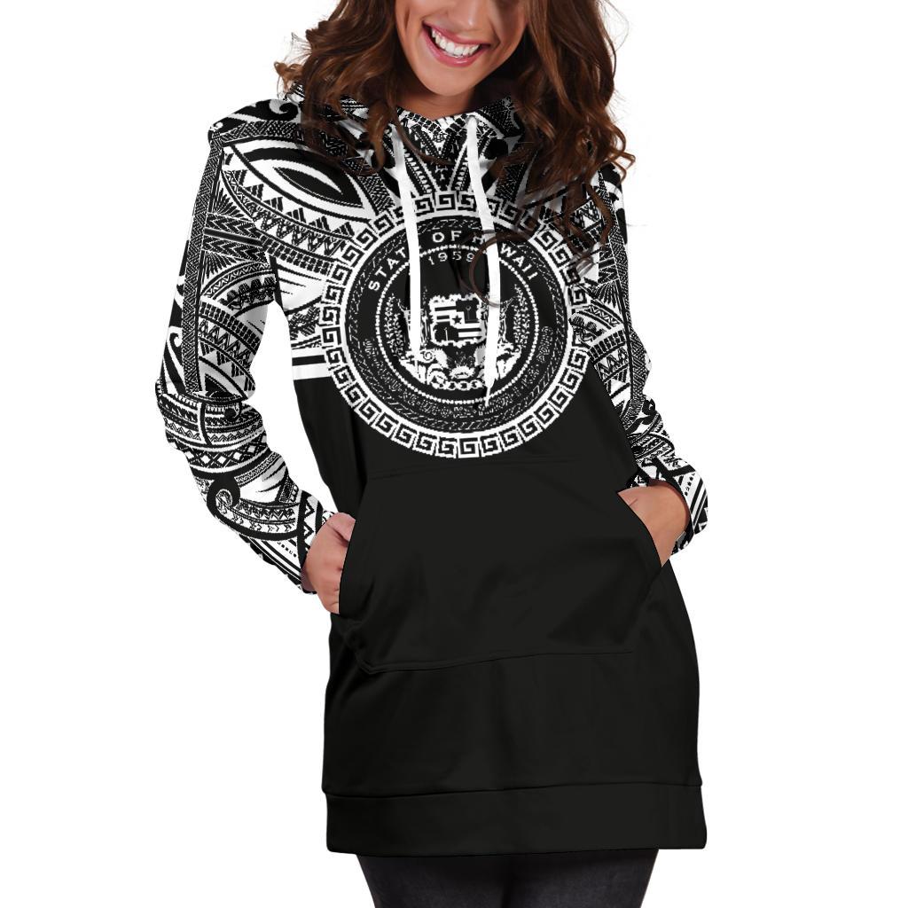 Hawaii Women Hoodie Dress - Hawaii Coat Of Arms Polynesian Black Color - Polynesian Pride