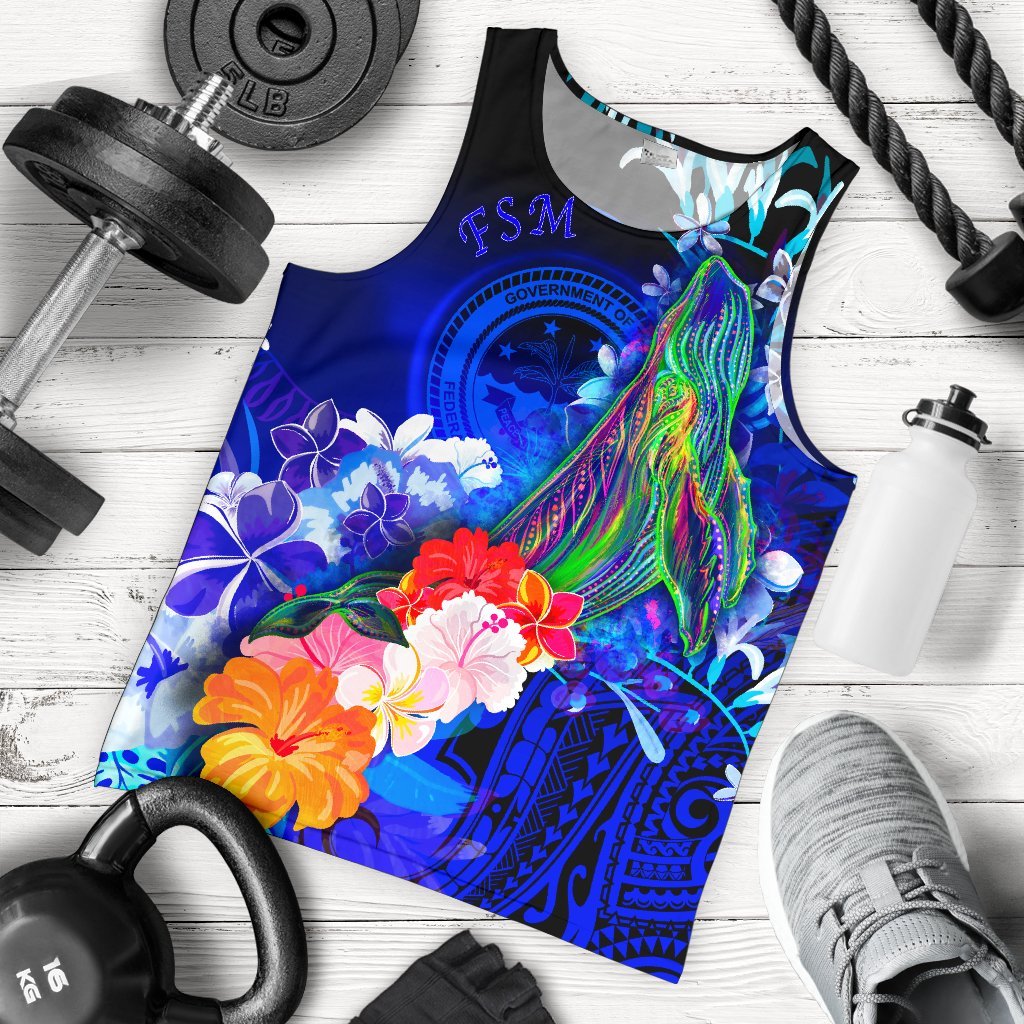 Federated States of Micronesia Men's Tank Top - Humpback Whale with Tropical Flowers (Blue) Blue - Polynesian Pride
