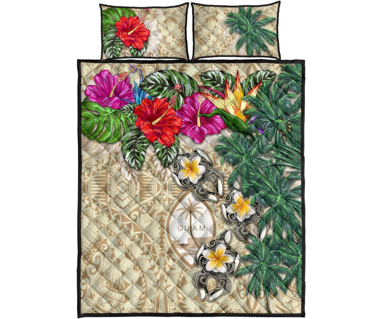 Guam Polynesian Quilt Bed Set - Hibiscus Turtle Tattoo Beige - Polynesian Pride