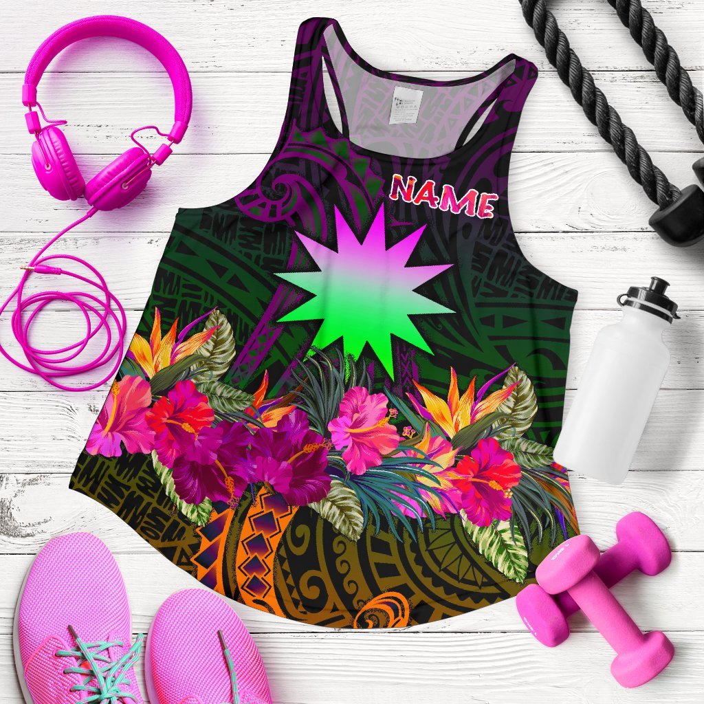 Nauru Personalised Women's Racerback Tank - Summer Hibiscus Art - Polynesian Pride