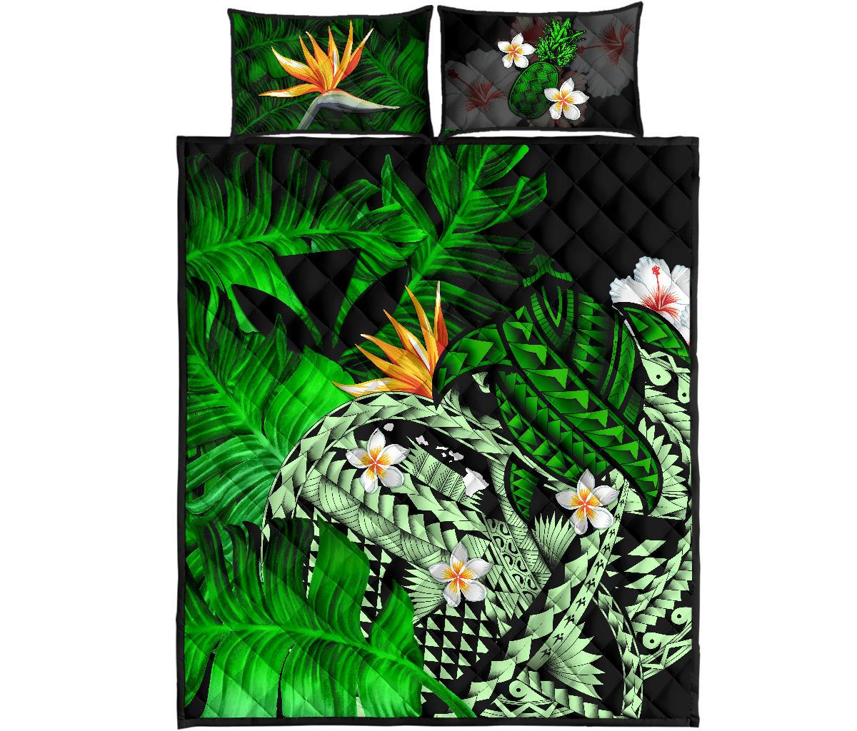 Kanaka Maoli (Hawaiian) Quilt Bed Set, Polynesian Pineapple Banana Leaves Turtle Tattoo Green Green - Polynesian Pride