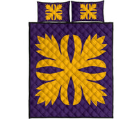 Hawaiian Royal Pattern Quilt Bed Set - Purple And Gold - C3 Style - Polynesian Pride