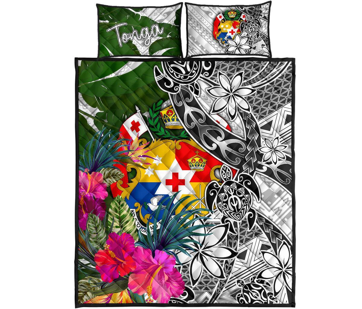 Tonga Quilt Bed Set White - Turtle Plumeria Banana Leaf - Polynesian Pride
