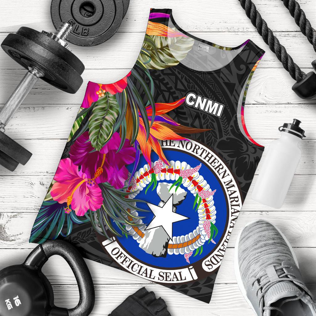 Northern Mariana Islands Men's Tank Top - Saipan Hibiscus Polynesian Pattern Black - Polynesian Pride