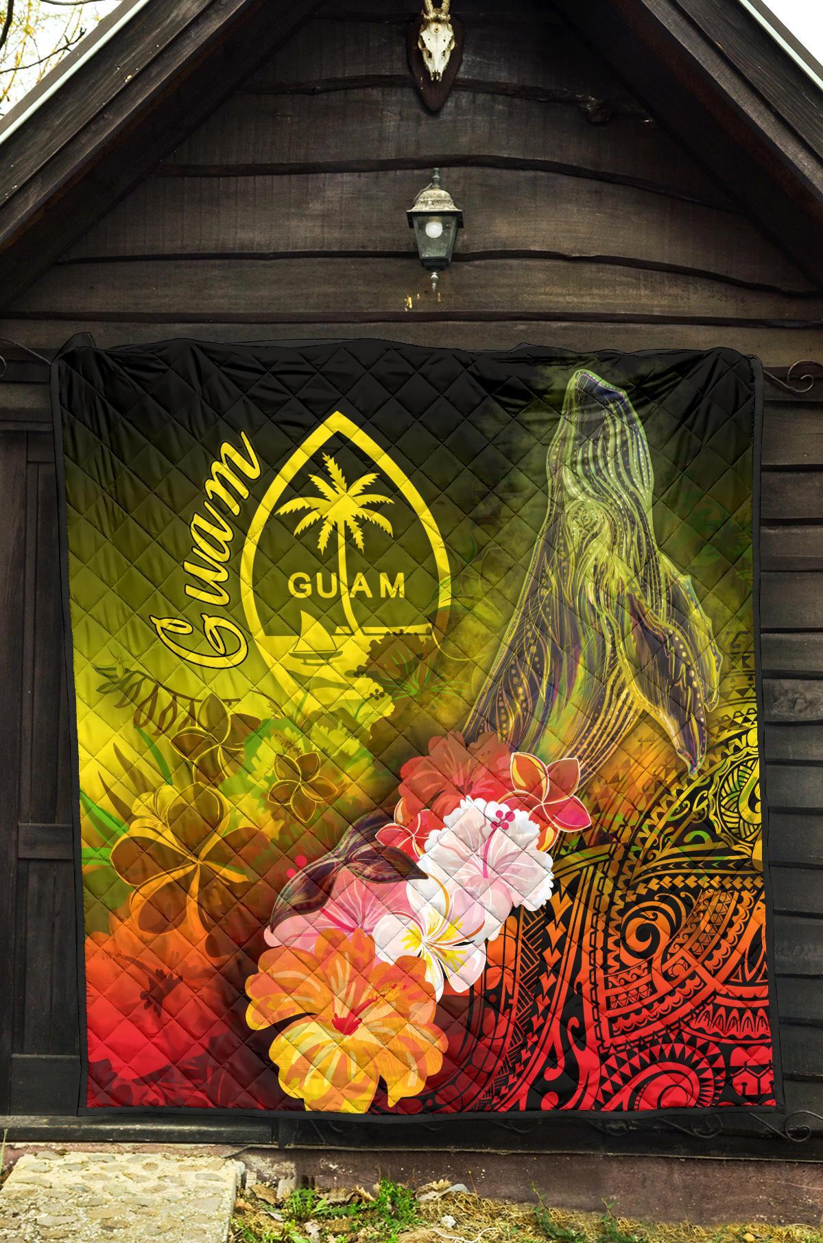 Guam Premium Quilt - Humpback Whale with Tropical Flowers (Yellow) - Polynesian Pride