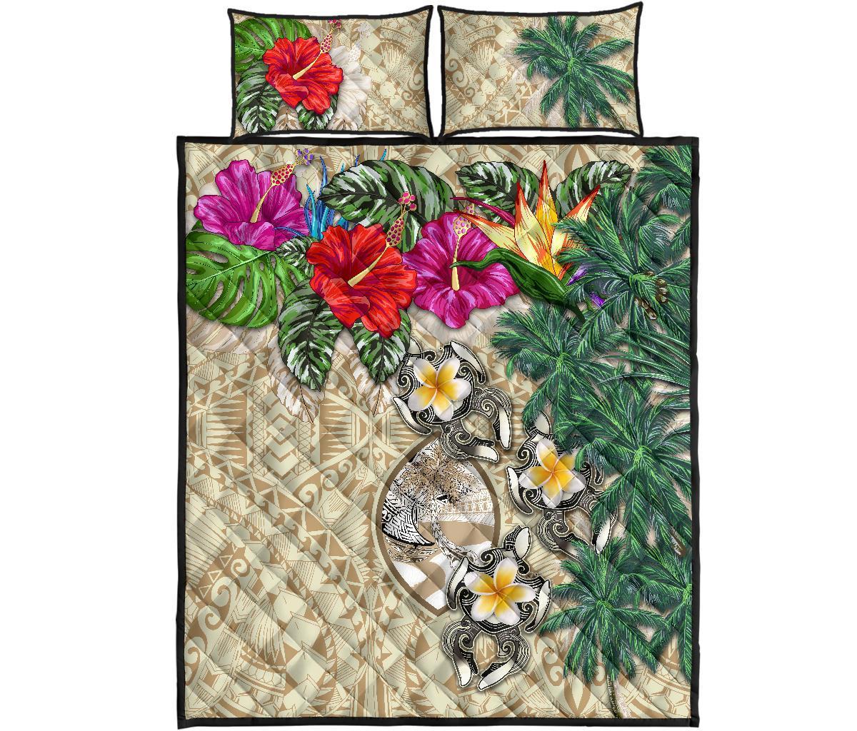 Guam Polynesian Quilt Bed Set - Hibiscus Turtle Tattoo Beige - Polynesian Pride