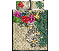 Guam Polynesian Quilt Bed Set - Hibiscus Turtle Tattoo Beige - Polynesian Pride