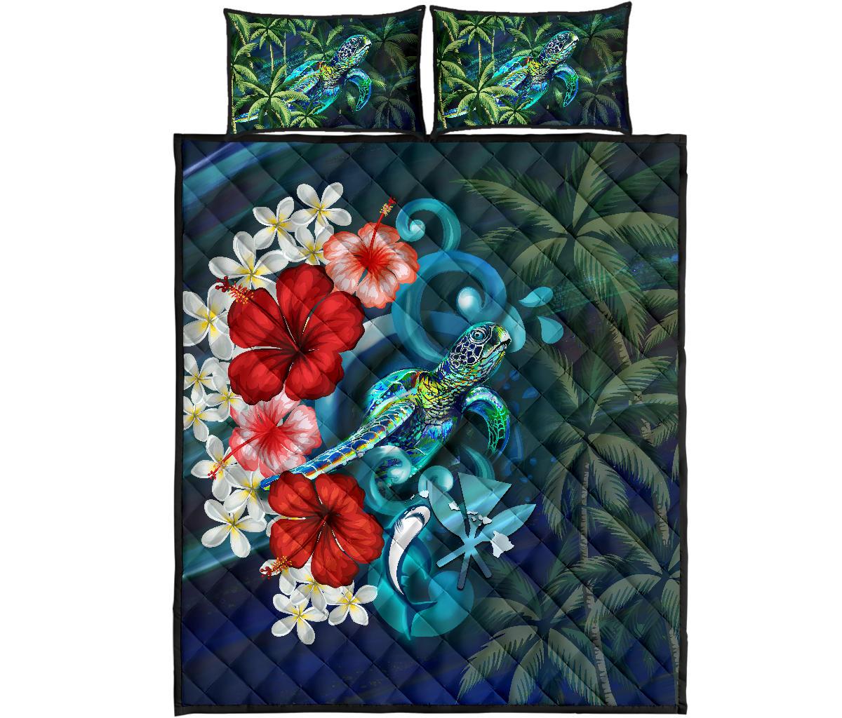 Kanaka Maoli (Hawaiian) Quilt Bed Set - Ocean Turtle Coconut Tree And Hibiscus Blue - Polynesian Pride