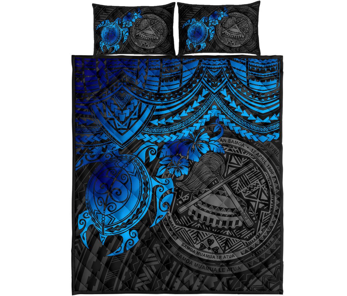 American Samoa Polynesian Quilt Bed Set - American Samoa Seal & Blue Turtle Hibiscus - Polynesian Pride