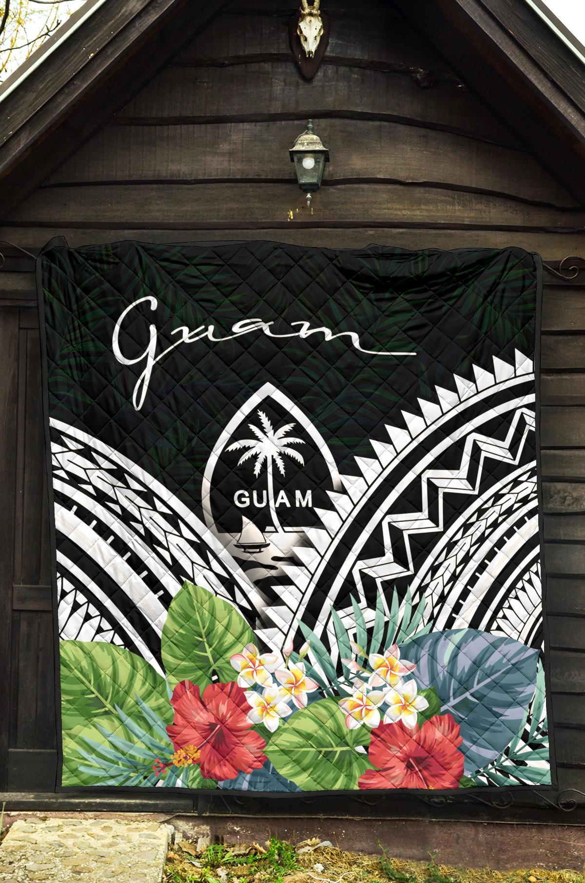 Guam Premium Quilt - Guam Coat of Arms & Polynesian Tropical Flowers White - Polynesian Pride