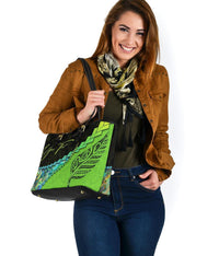 (Signature Custom) Paua Shell, Maori Silver Fern Leather Tote Bag, Green - Polynesian Pride