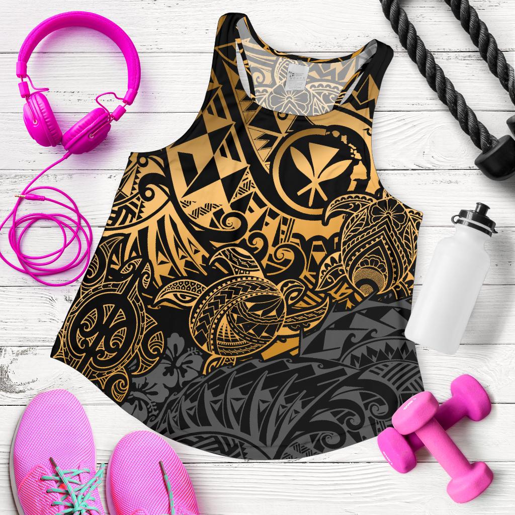 Polynesian Hawaii (Kanaka Maoli) Women's Racerback Tank - Gold Turtle Hibiscus Flowing Gold - Polynesian Pride