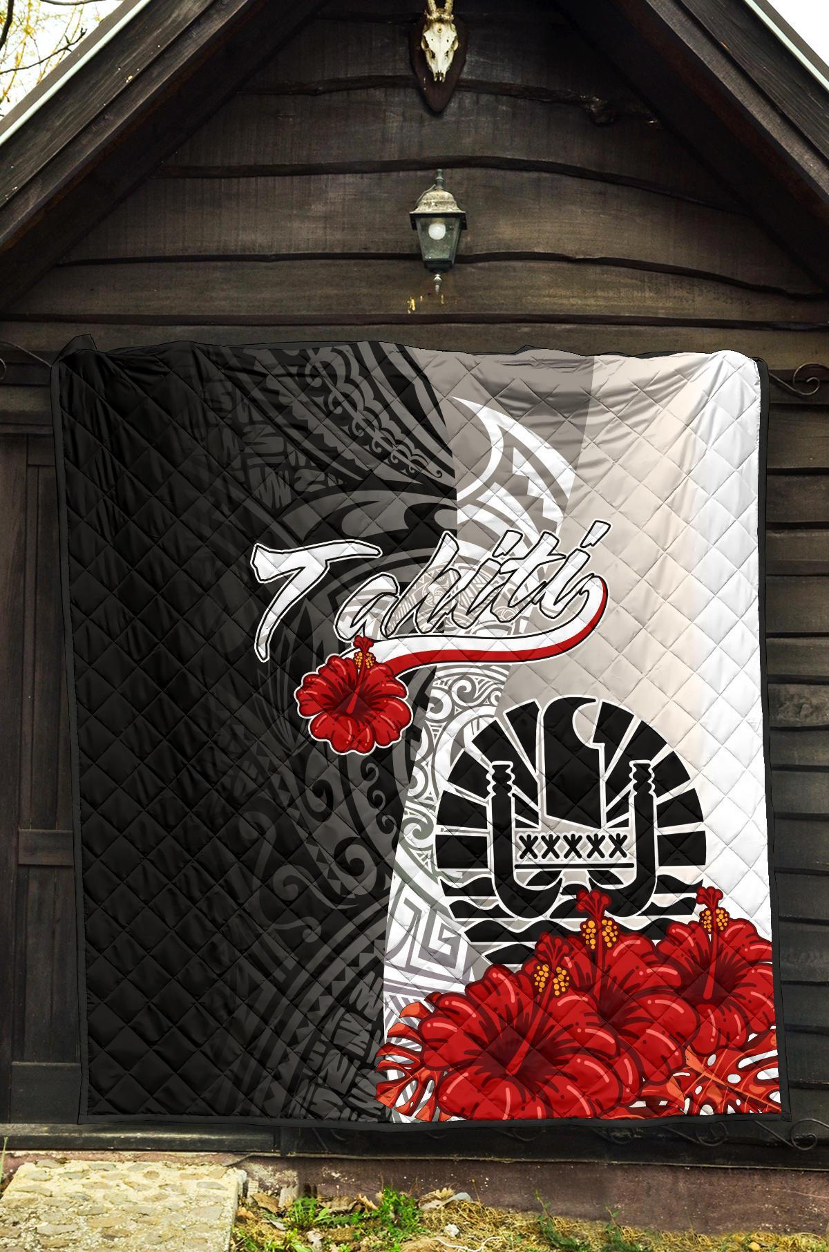 Tahiti Polynesian Premium Quilt - Coat Of Arm With Hibiscus White - Polynesian Pride