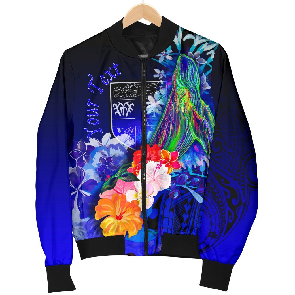 Fiji Custom Personalised Men's Bomber Jacket - Humpback Whale with Tropical Flowers (Blue) - Polynesian Pride