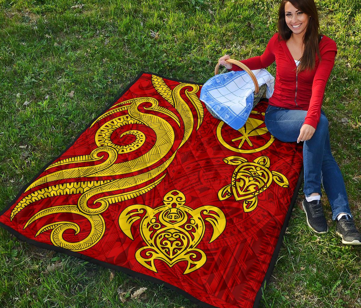 Polynesian Hawaii (Kanaka Maoli) Premium Quilt - Red Tentacle Turtle - Polynesian Pride