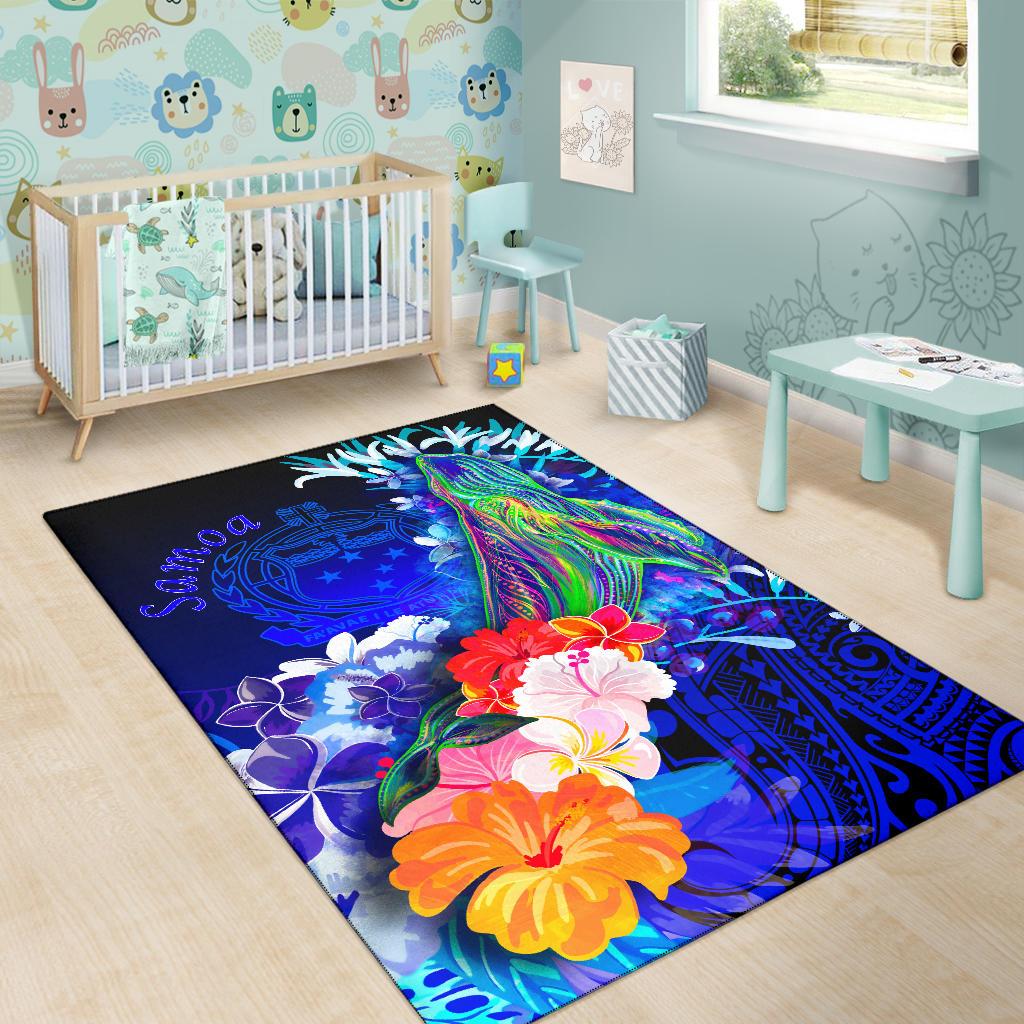Samoa Area Rug - Humpback Whale with Tropical Flowers (Blue) - Polynesian Pride
