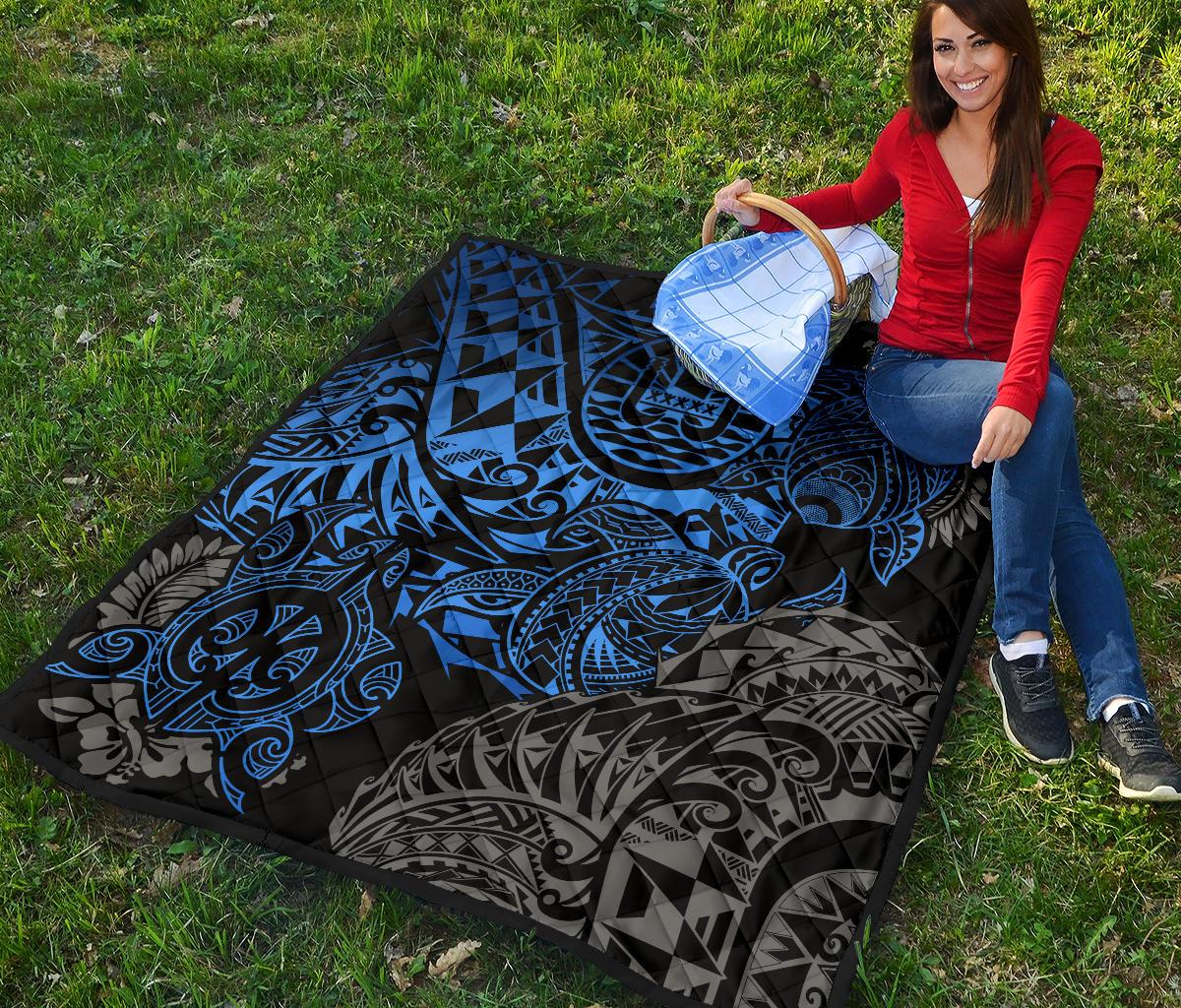 Tahiti Polynesian Premium Quilt - Blue Turtle Hibiscus Flowing - Polynesian Pride