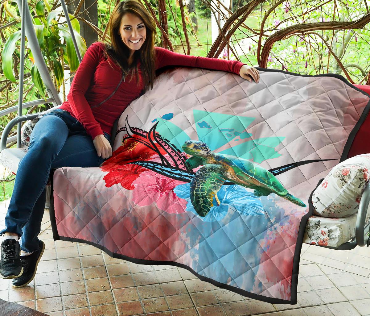 Hawaii Map Kanaka Sea Turtle Hibiscus Premium Quilt - AH - Blue Pink - Polynesian Pride